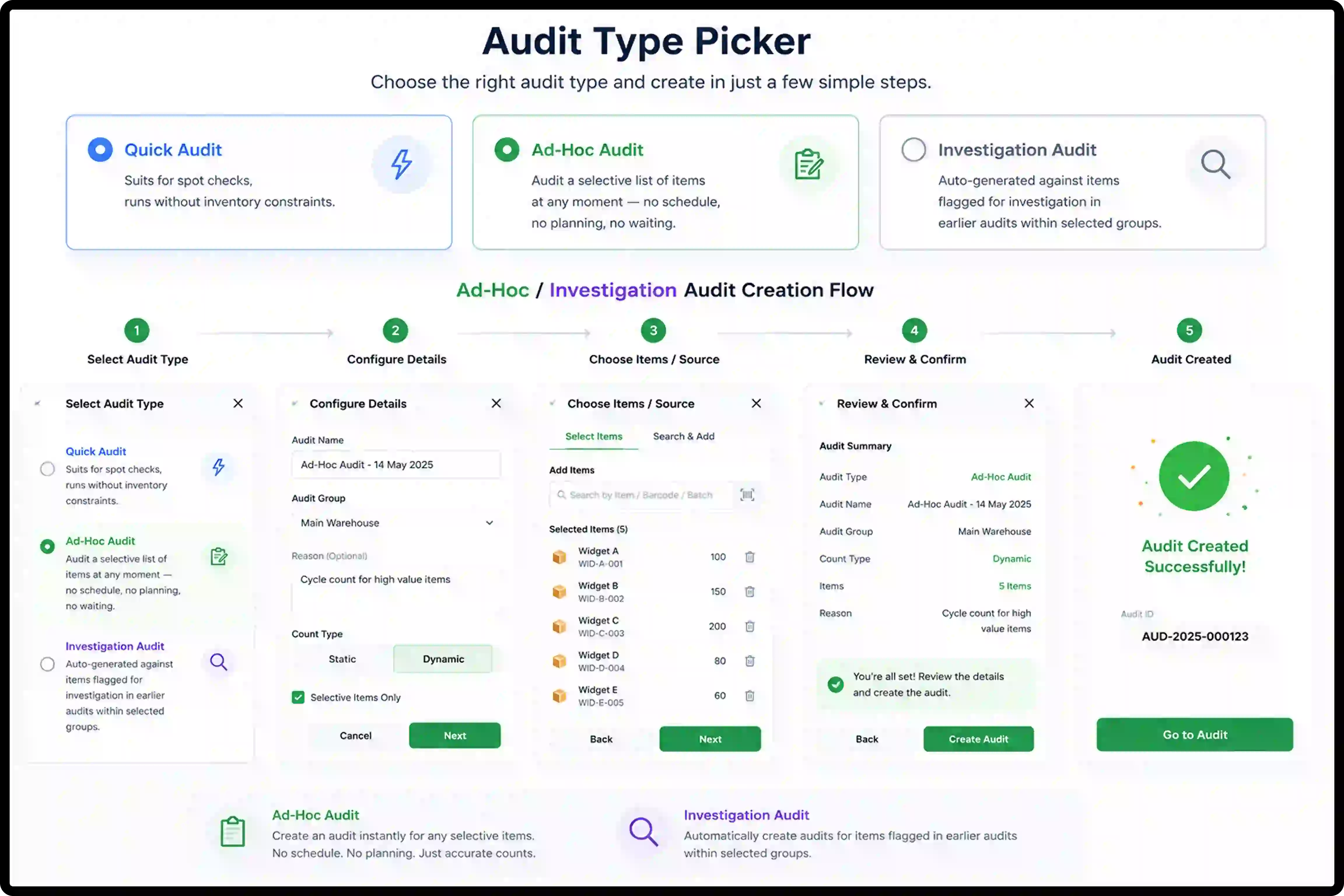 Ad-Hoc and Investigation Audit Types Create ad-hoc and investigation audits for inventory verification and stock control