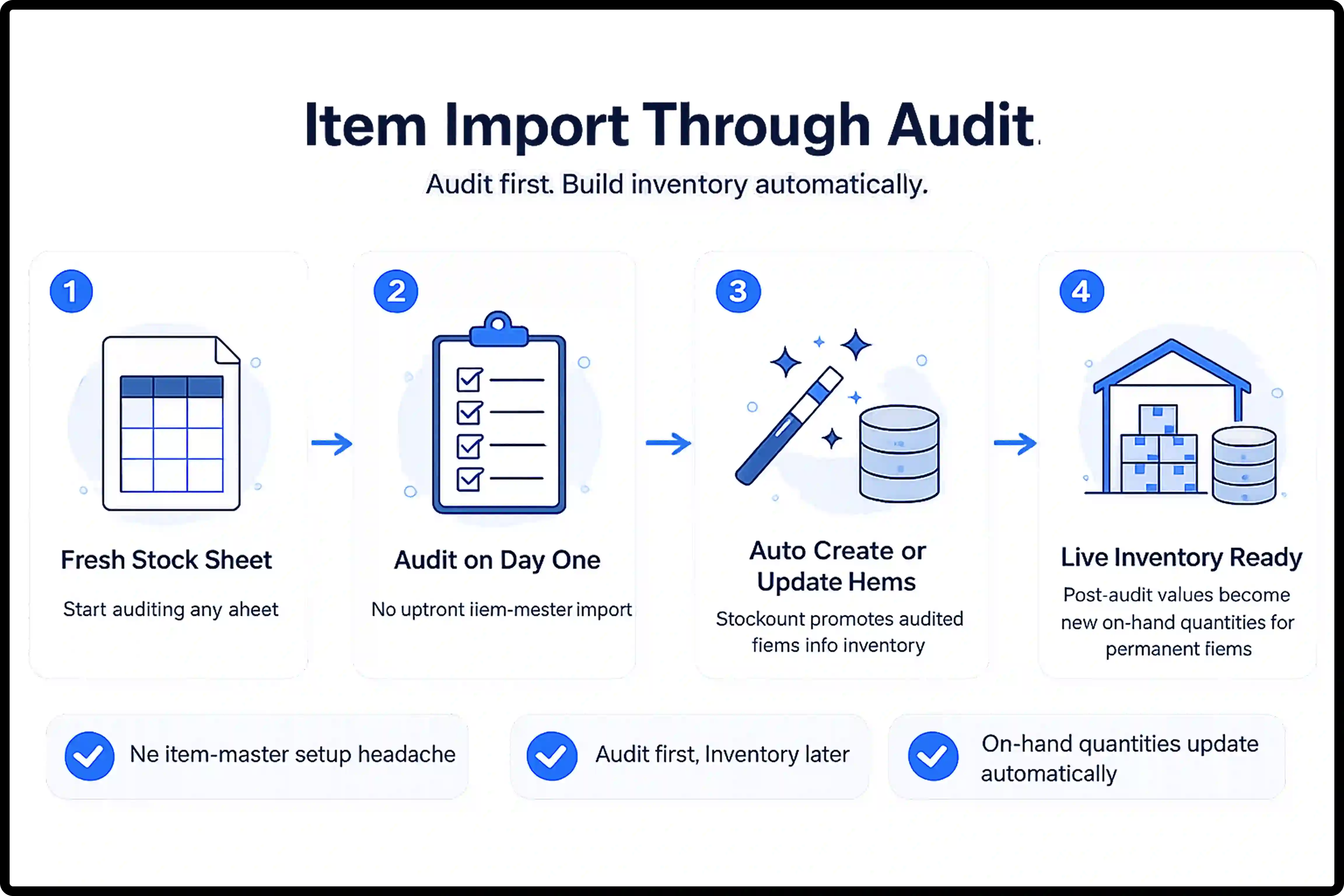 Audit-Based Inventory Item Import Process – Build Inventory Through Stock Audits Audit-based inventory item import workflow showing stock sheet upload, inventory audit process, automatic item creation, and live inventory update in Stockount inventory audit software.