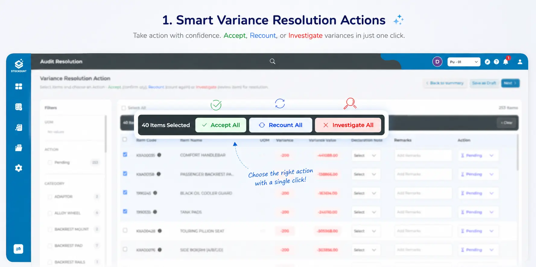 Audit Resolution Workflow Inventory variance resolution dashboard with accept, recount, and investigate actions