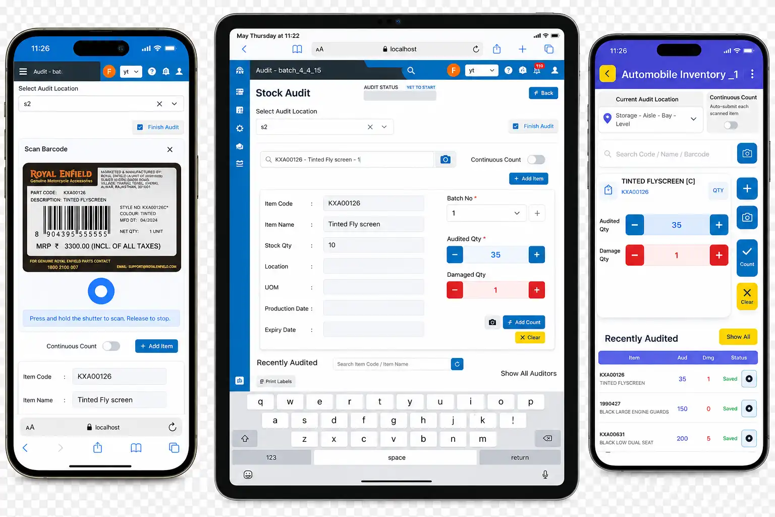 stock-audit-mobile-tablet-app-interface Stock audit software displayed on two mobile phones and one tablet, featuring barcode scanning, inventory counting, audit quantity tracking, damaged stock recording, and real-time inventory management screens.