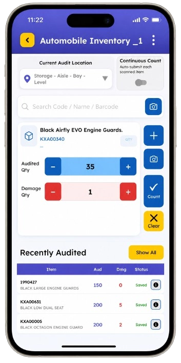Stockount mobile inventory audit app showing barcode-based stock counting, damaged quantity tracking, real-time inventory verification, and recent audit history.