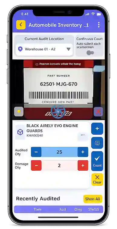 Stockount mobile stock audit app with barcode scanning, inventory counting, damaged quantity tracking, and real-time warehouse audit management.
