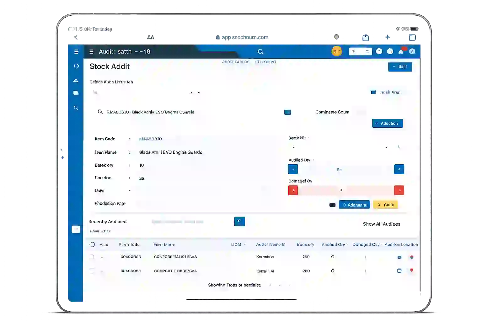 Stockount tablet inventory audit dashboard displaying stock counting, batch tracking, damaged inventory recording, and real-time stock verification.