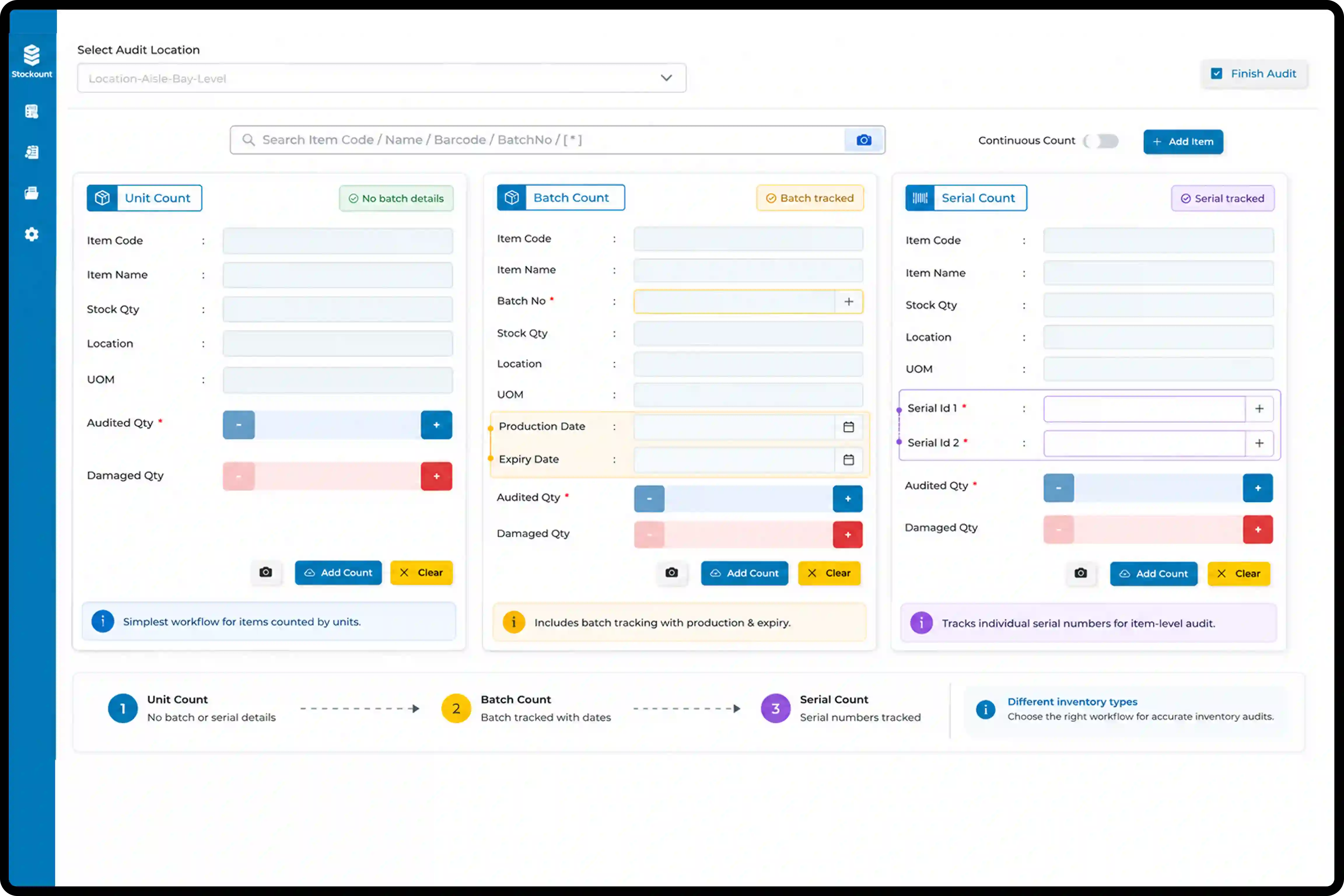 Stockount manufacturing inventory counting screen displaying unit count, batch tracking, serial number verification, damaged quantity recording, and warehouse stock audit workflows.