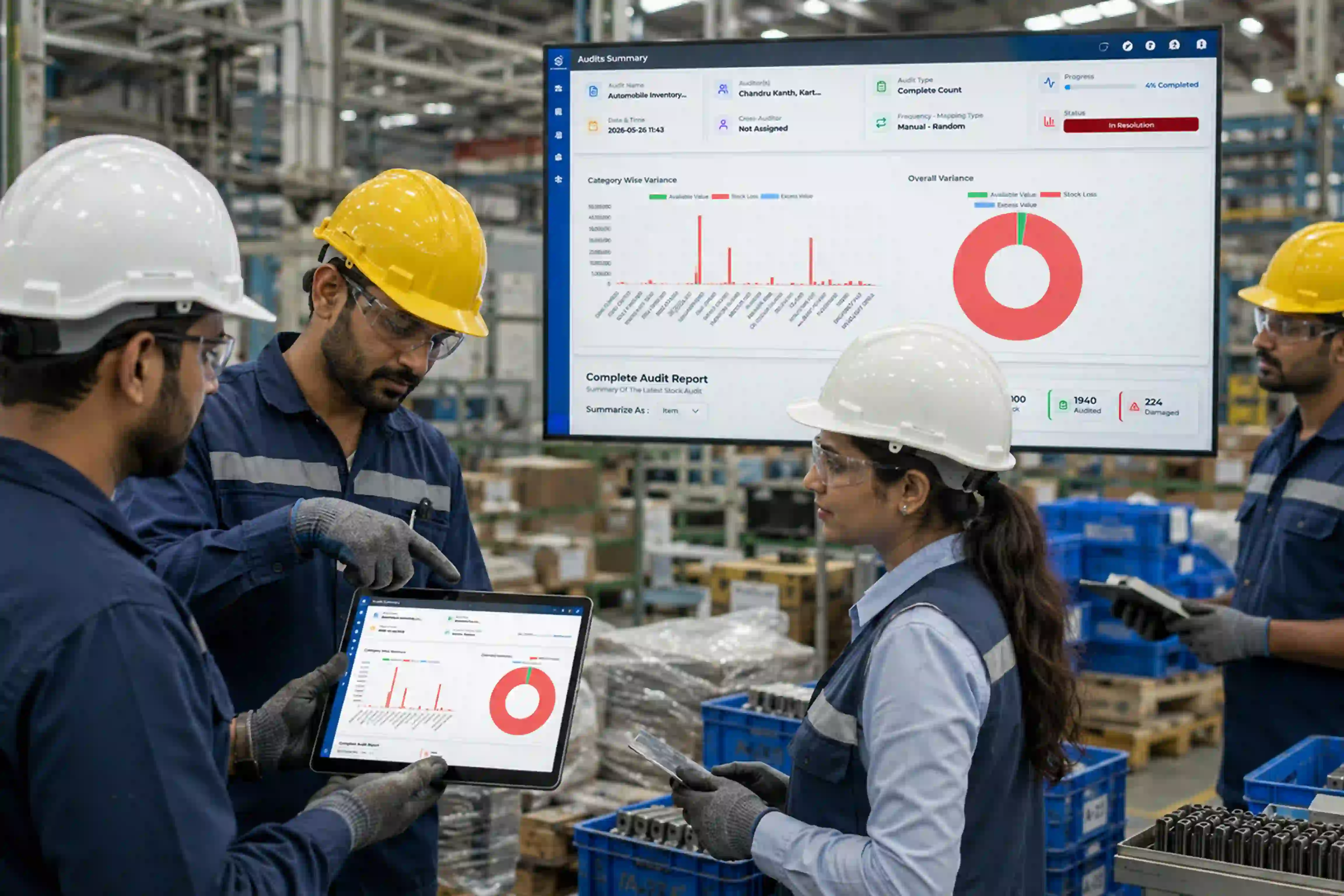 Manufacturing warehouse auditor using a tablet to perform inventory counting, stock verification, and inventory reconciliation among raw material coils in a production facility.