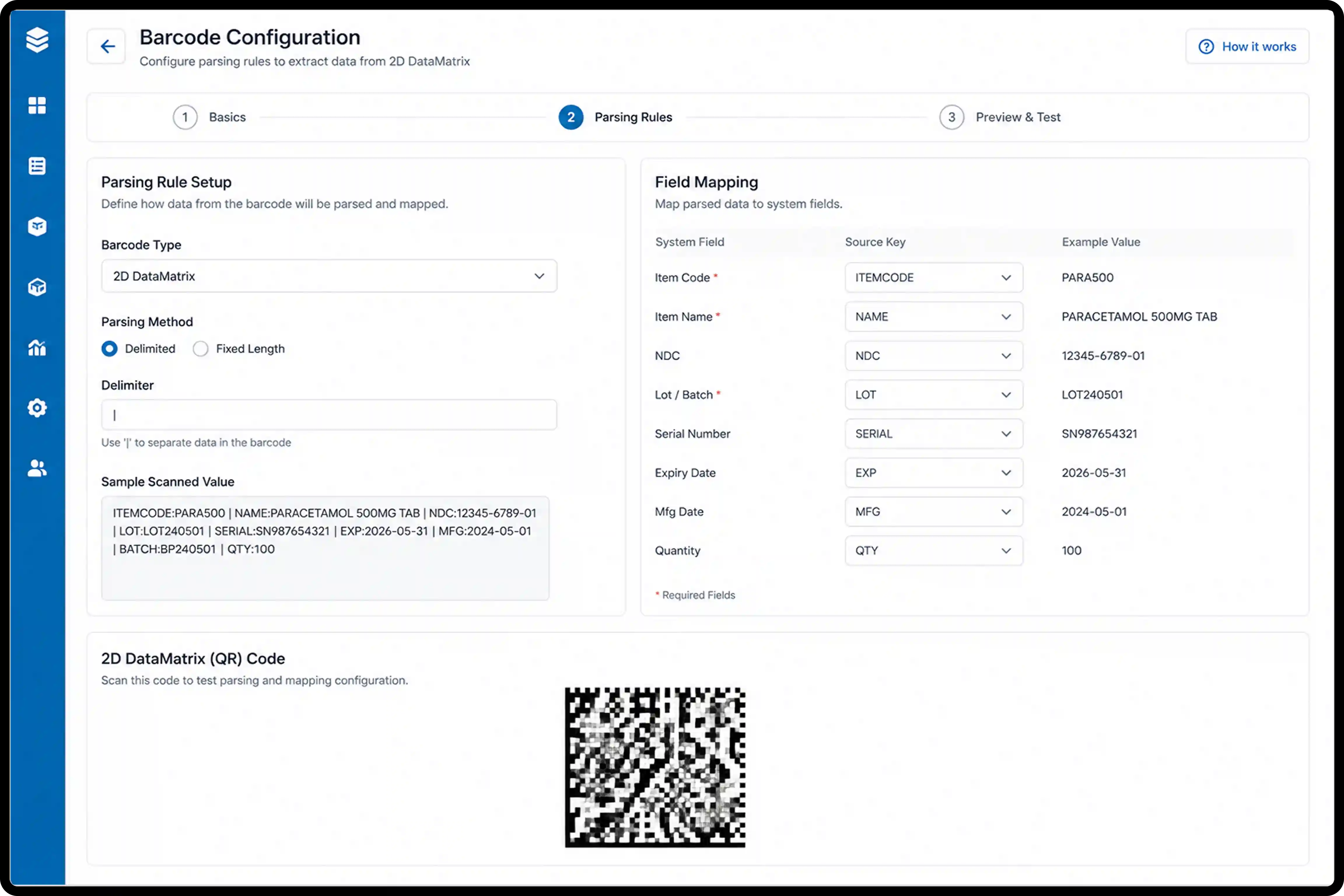 Barcode configuration dashboard showing 2D DataMatrix parsing rules, field mapping, and QR code testing for pharmaceutical inventory management