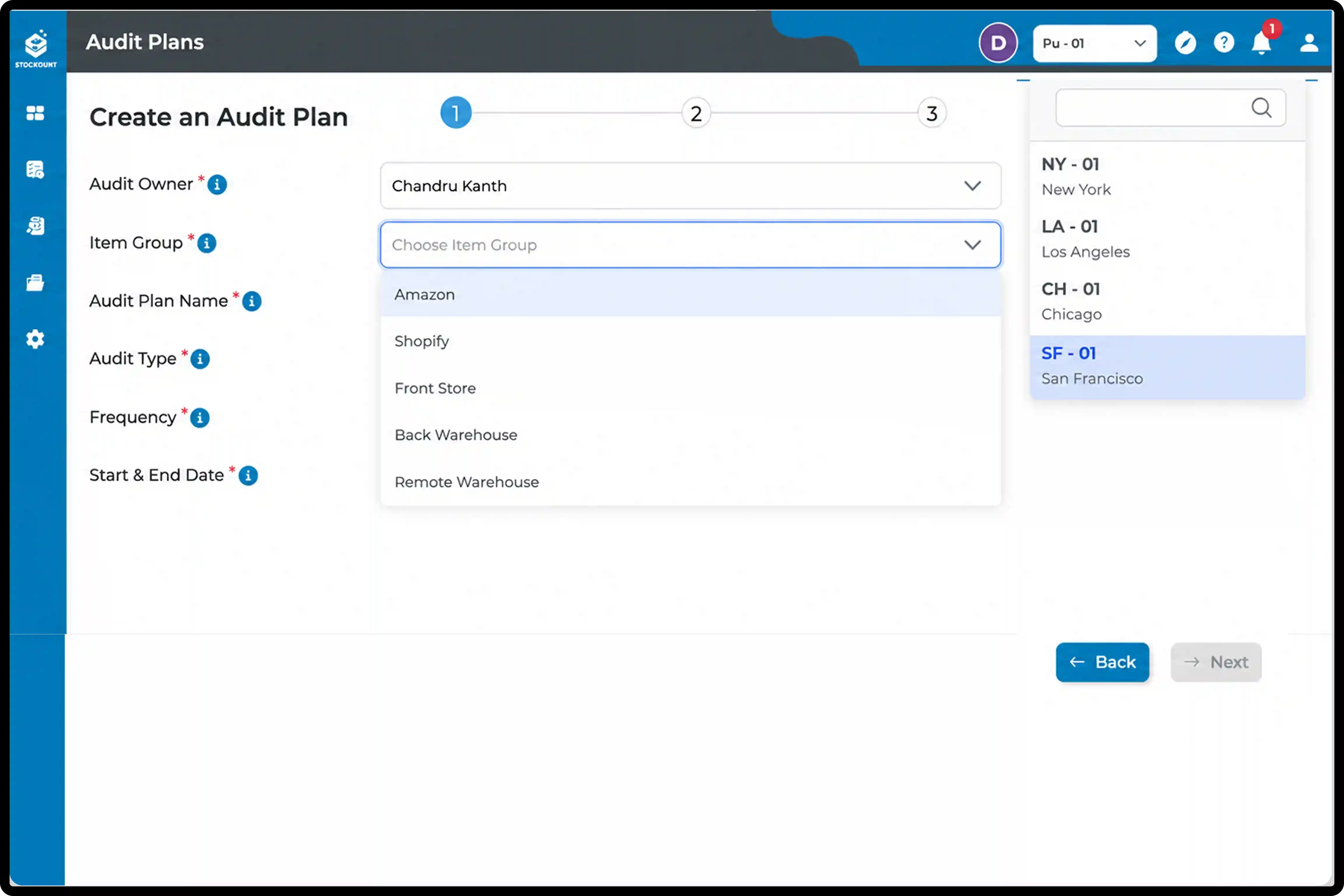 Retail audit item group selection screen displaying inventory category selection, audit configuration, location assignment, and retail audit setup workflow