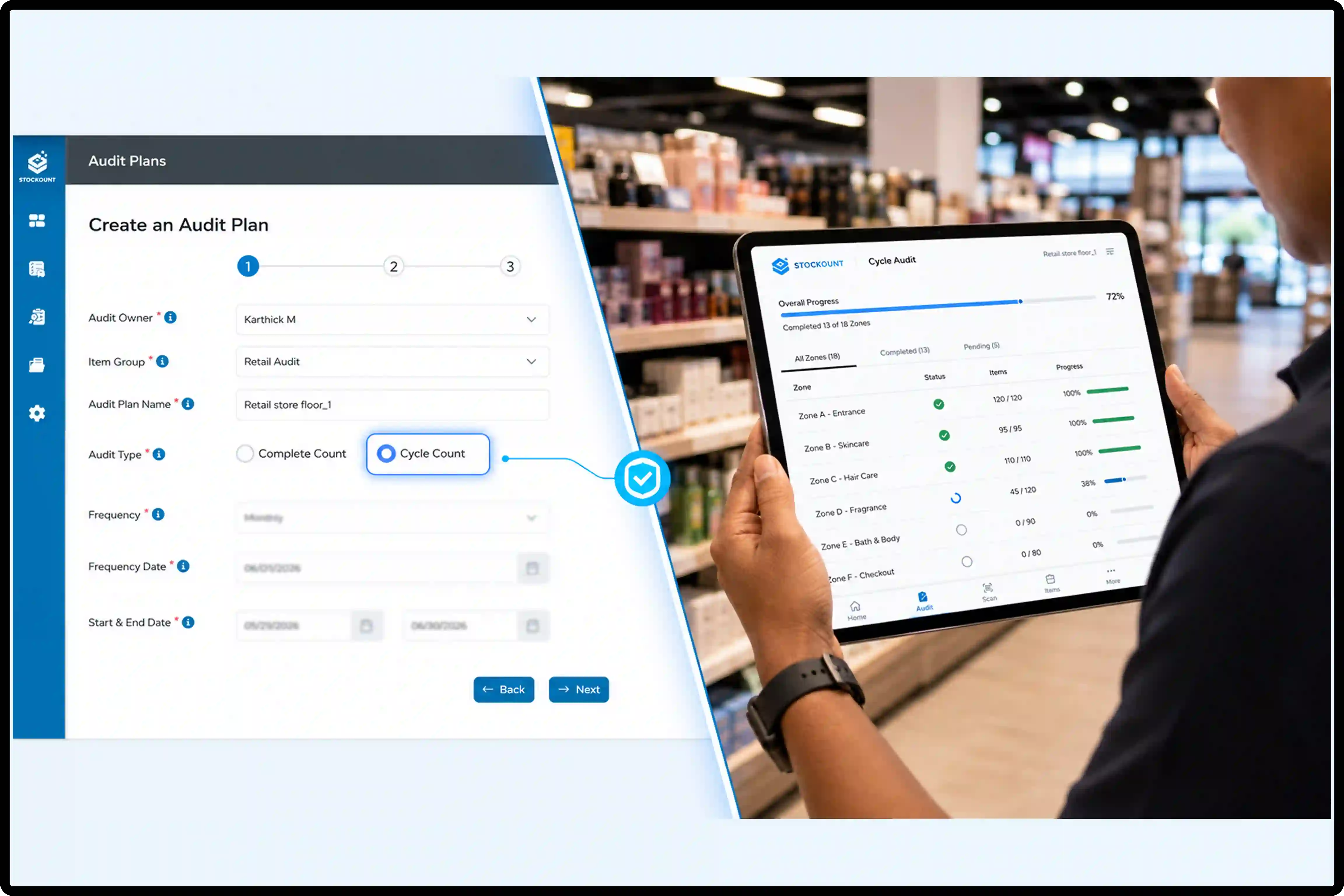 Retail audit plan management workflow showing audit scheduling, cycle count setup, audit owner assignment, and retail inventory audit planning process