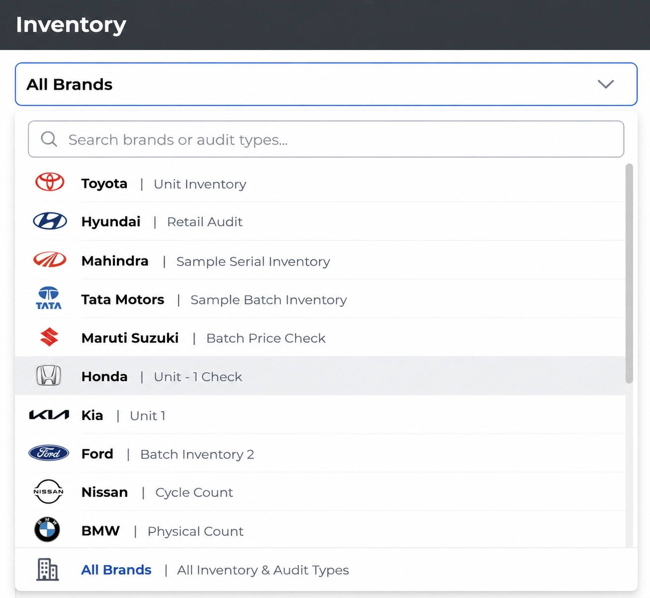 Brand-Wise Inventory Data Reconciliation Stockount inventory platform reconciling inventory data from Toyota, Hyundai, and Mahindra ERP systems using Excel exports and API integration.