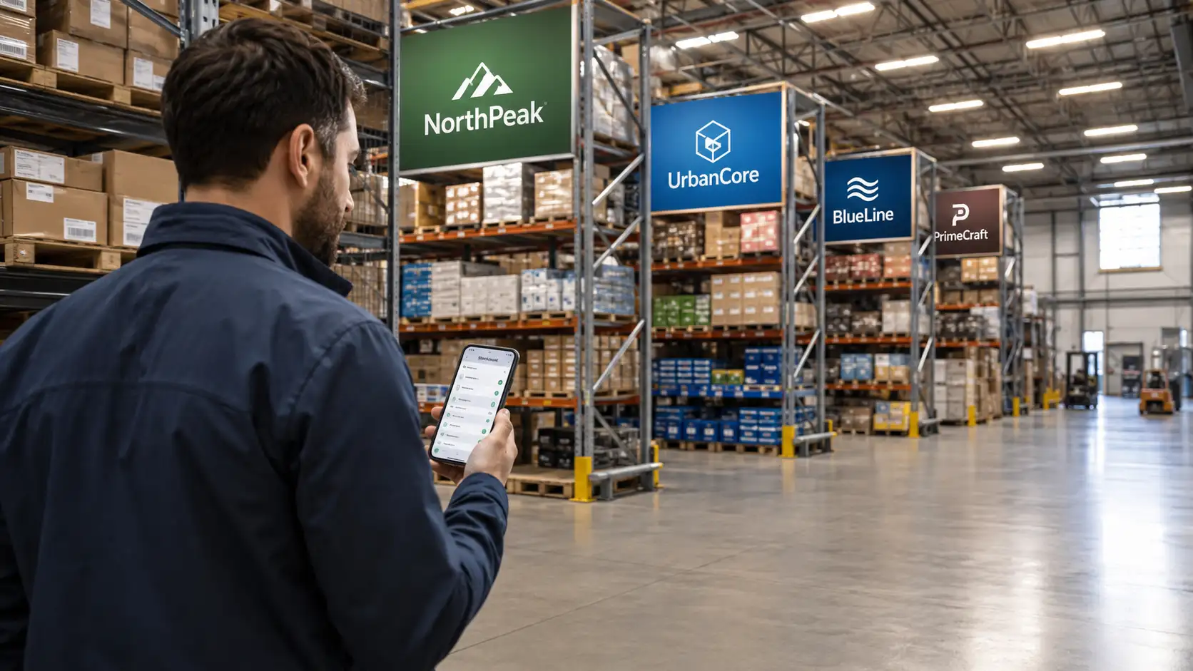 Multi-Brand Warehouse Inventory Management Warehouse operator using mobile inventory software to manage and track stock across multiple brands and warehouse locations.