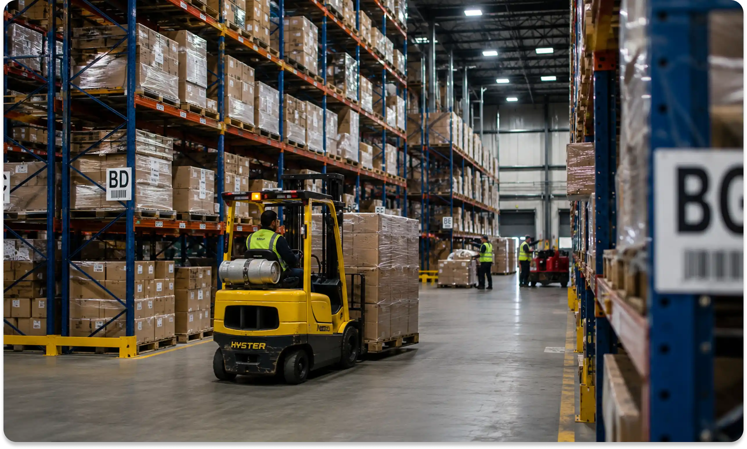 Atlas multi-warehouse facility with brand-tagged pallets